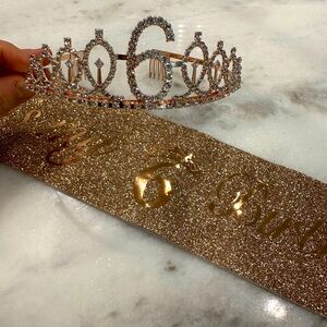 Sixth birthday crown, and sash. Rose gold glitter.